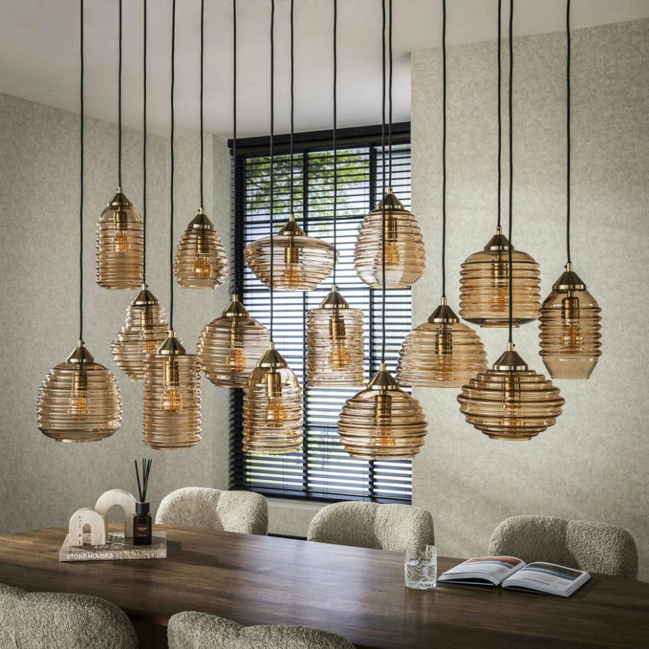Suspension en verre strié 15 lampes ambrées NOVA