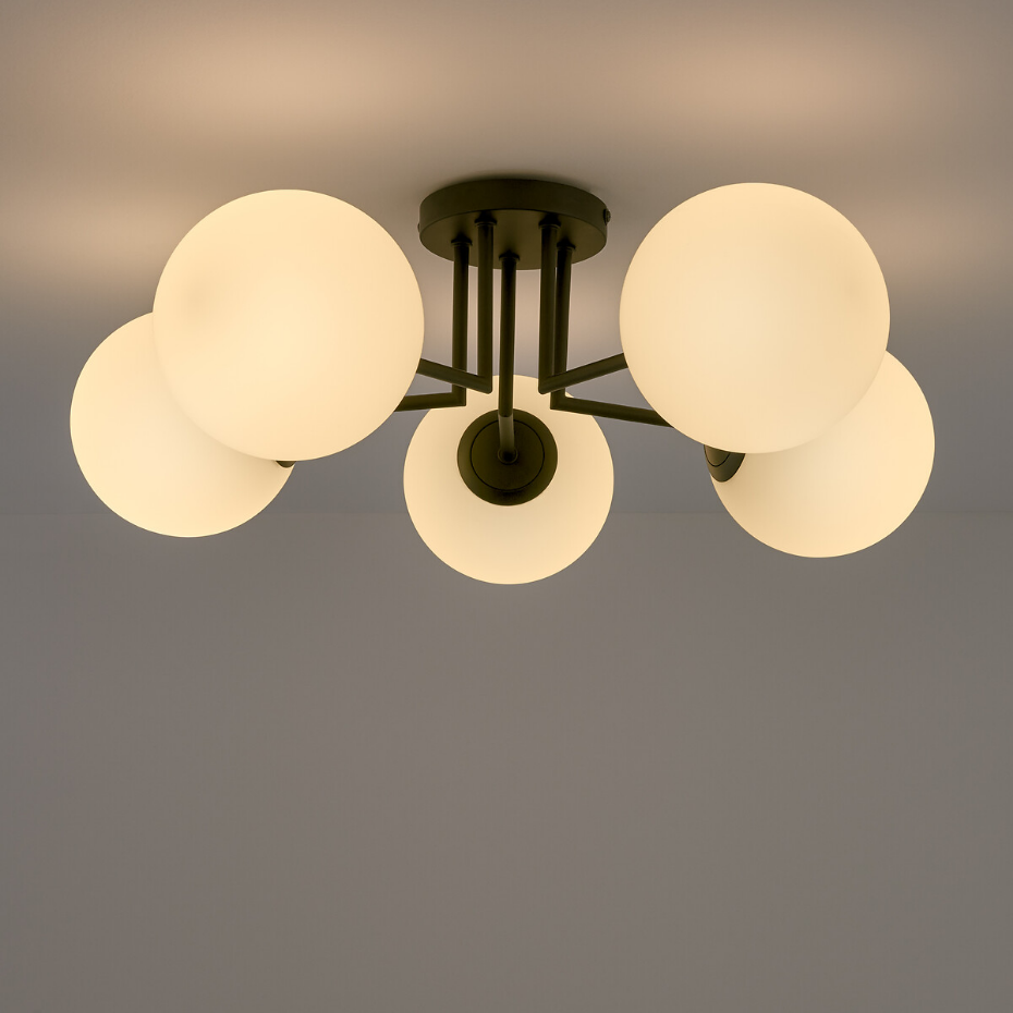 Plafonnier métal fer et verre opaline, Atea