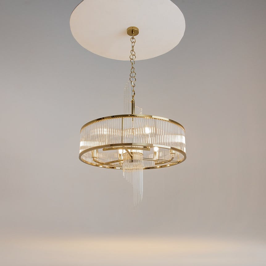 Suspension Art Déco – structure dorée et cascade verre ELMA