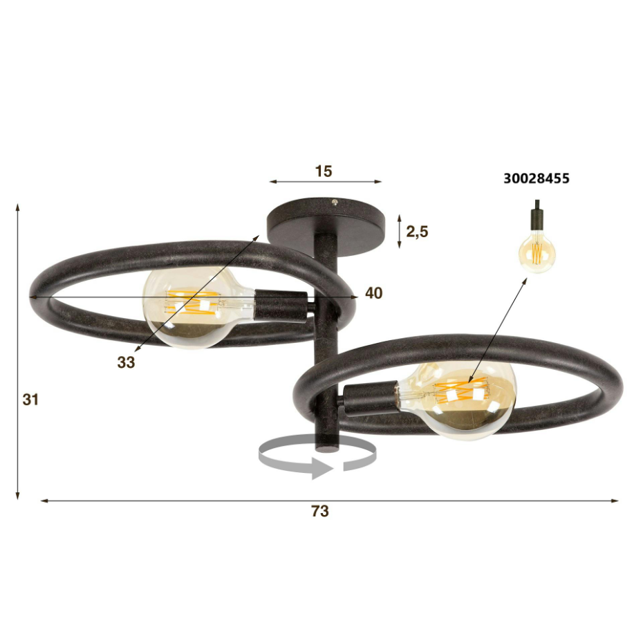 Plafonnier métal noir 2 ampoules, forme galet TRIBECA
