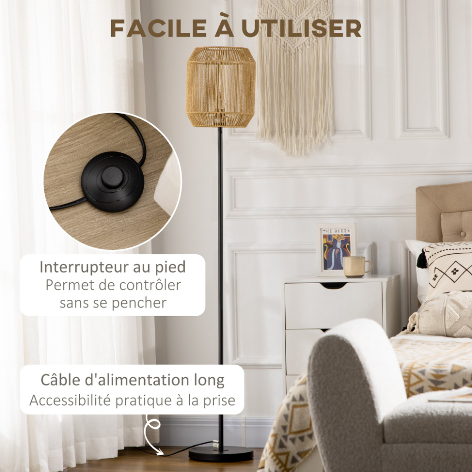 Lampadaire aspect cannage style cosy H.158 cm noir beige