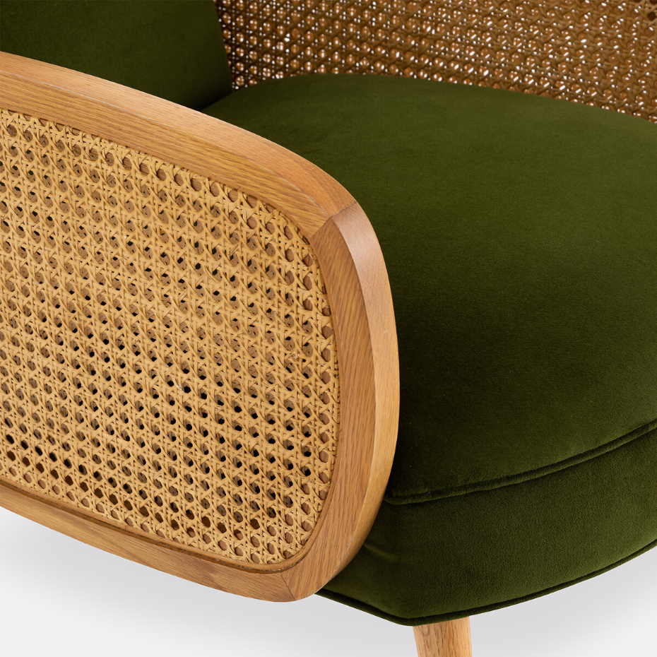 Fauteuil velours et cannage, Buisseau