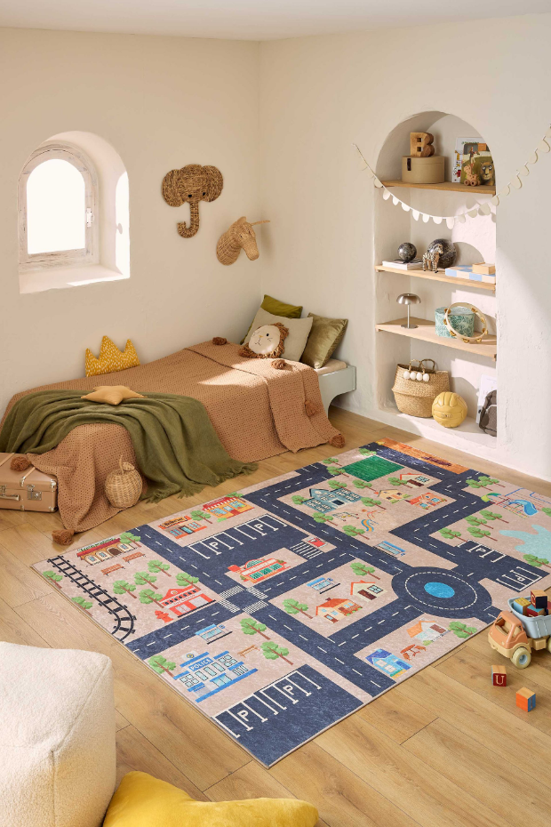 Tapis enfant lavable en machine, motif circuit HAPPY