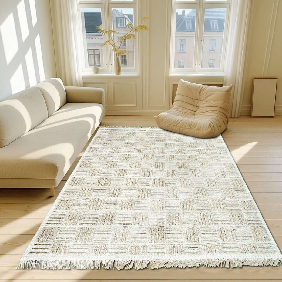 Tapis salon damier en jute  artisanal reliefs  JUTE NATUREL - style bohème