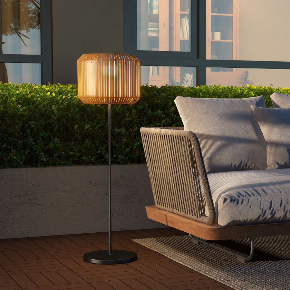 Lampadaire solaire LED style exotique H. 130 cm résine effet rotin