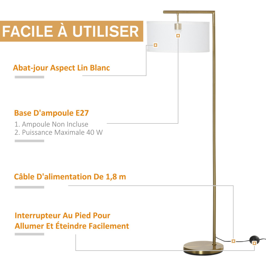 Lampadaire design néo-rétro 153H cm abat-jour aspect lin blanc métal doré