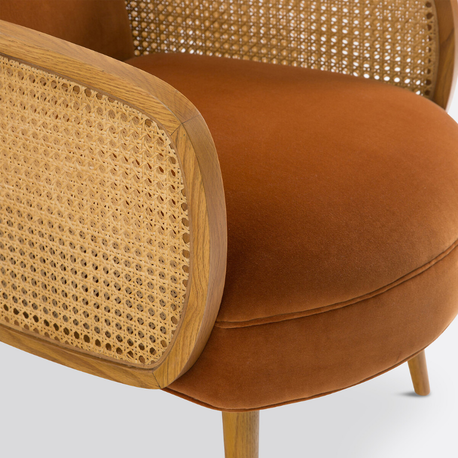Fauteuil velours et cannage, Buisseau