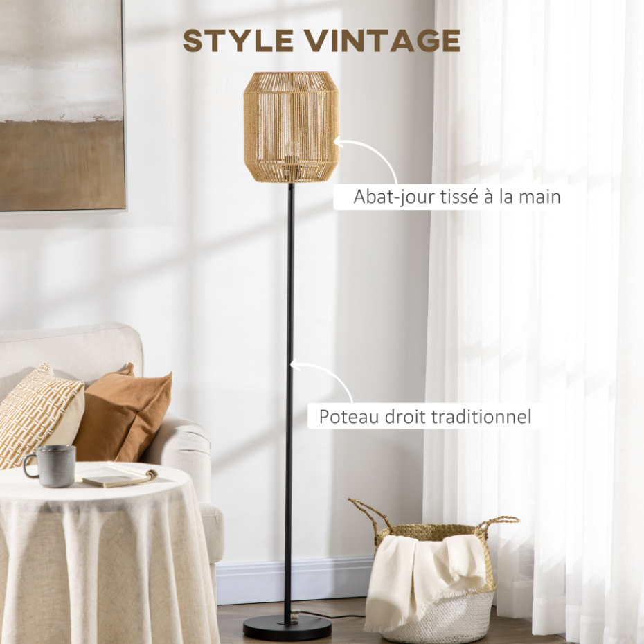 Lampadaire aspect cannage style cosy H.158 cm noir beige