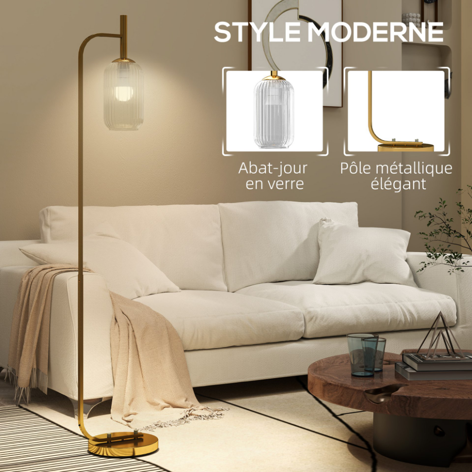 Lampadaire sur pied style rétro H.153 cm métal doré verre texturé