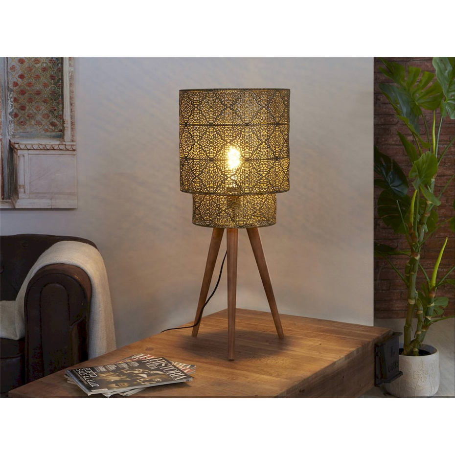 Lampadaire rond en métal ajouré et bois