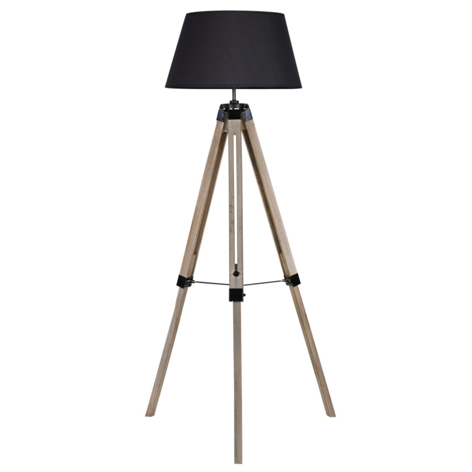 Lampadaire Trépied Bois Abat-jour Noir