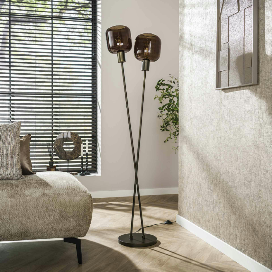 Lampadaire vintage verre – 2 abat–jour croisés bronze NOVA