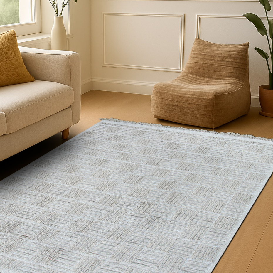 Tapis salon damier en jute  artisanal reliefs  JUTE NATUREL - style bohème