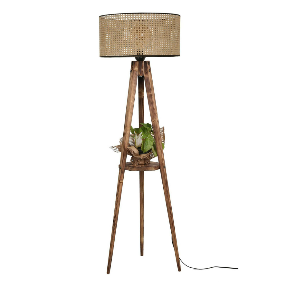 Lampadaire trépied effet bois avec abat-jour cannage KILIS