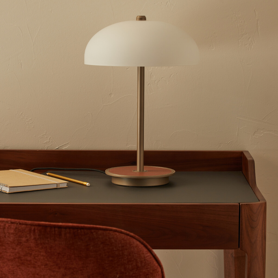 Lampe de bureau verre, métal et simili, Beaudouin