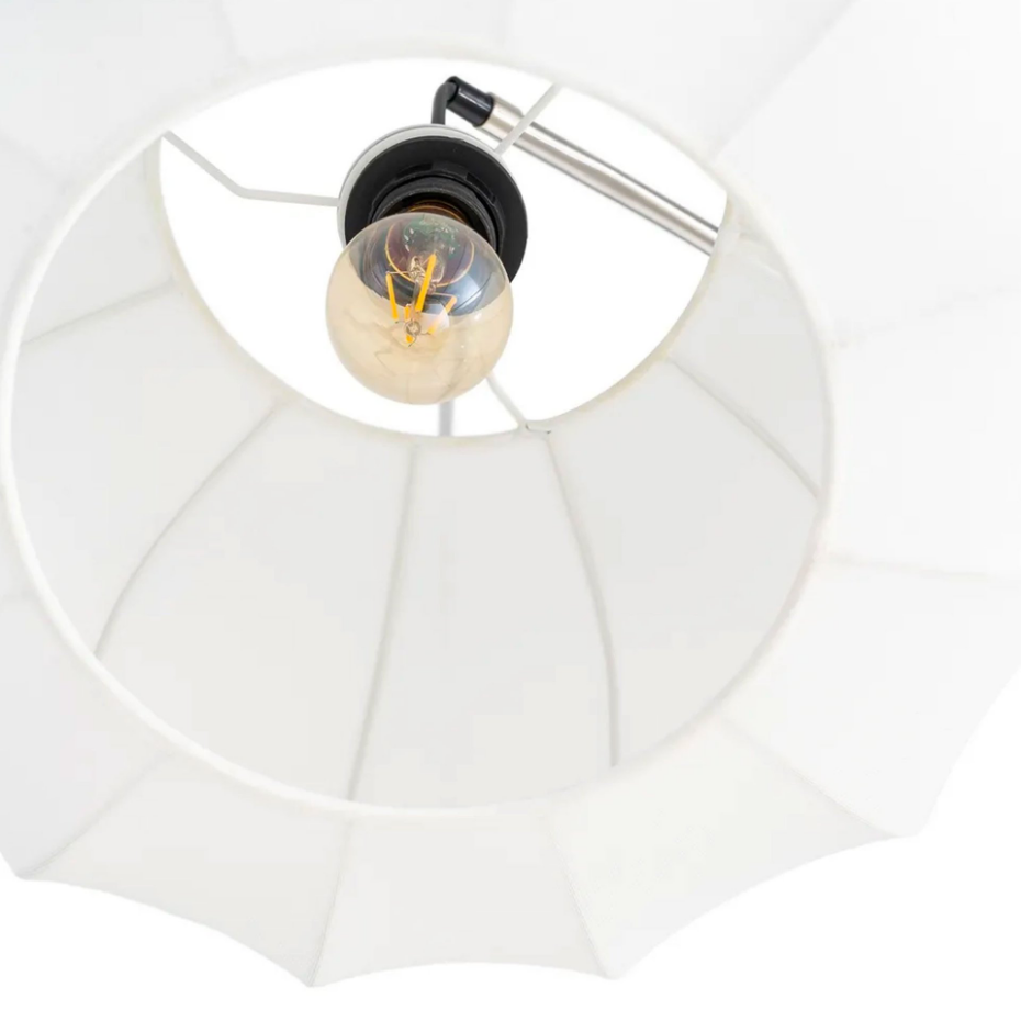 Lampadaire arc métal argenté, marbre noir et suspension tissu beige 100x37x197cm