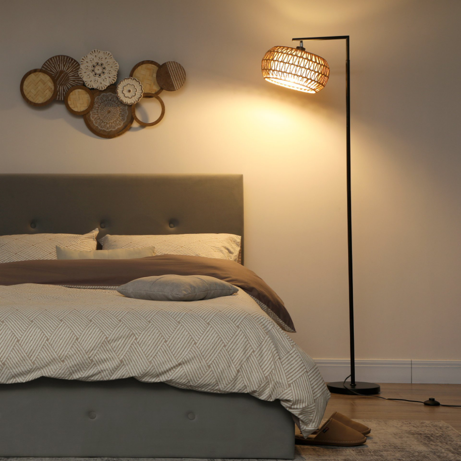 Lampadaire sur pied style bohème H.170cm métal noir tissu tressé