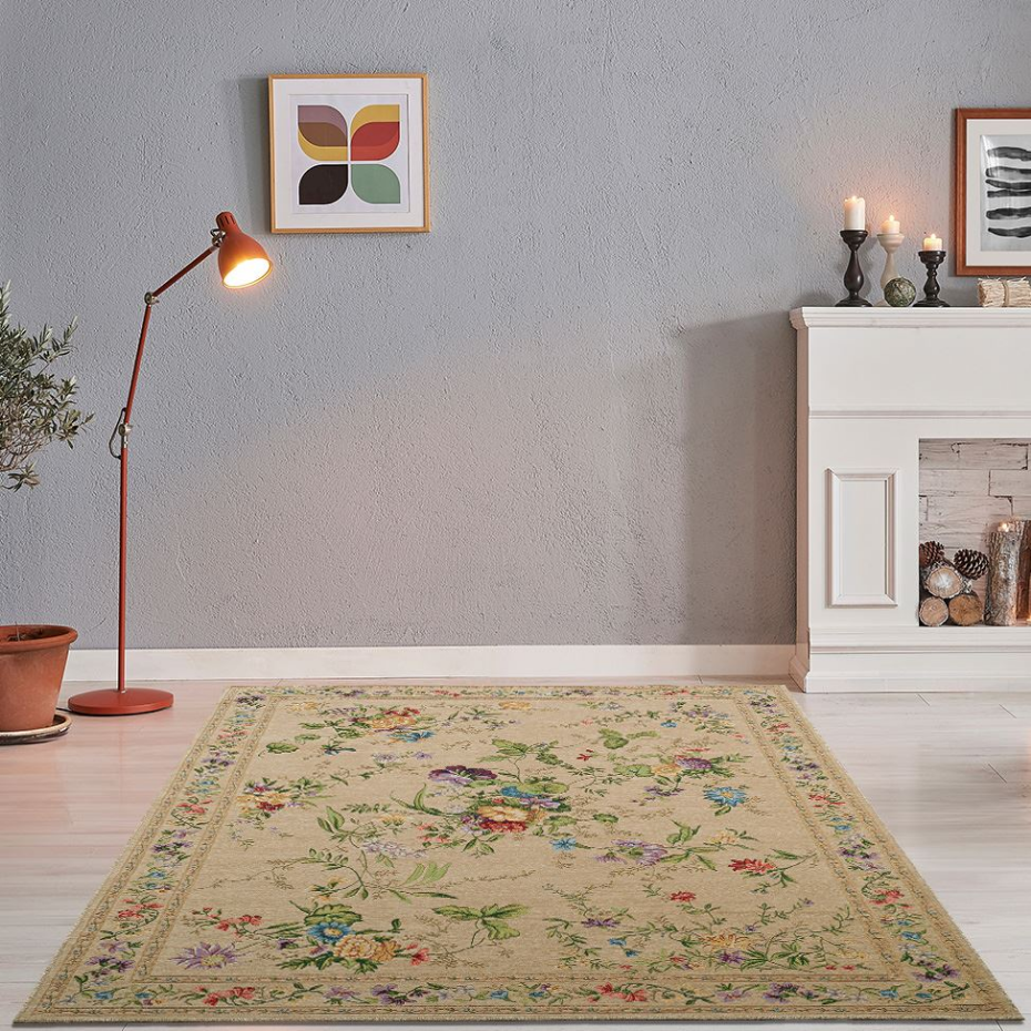 Tapis floral tissé à la machine avec bordure - Flomi