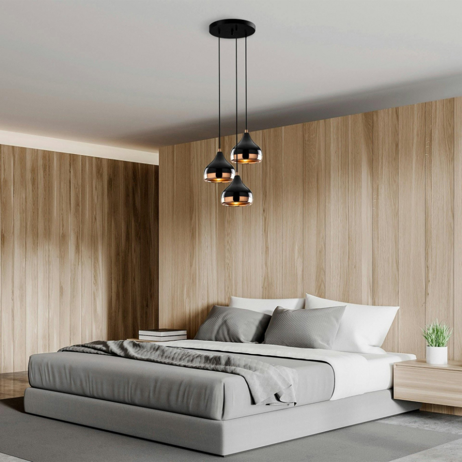 Suspension moderne noire et cuivre 3 abat-jour SILE
