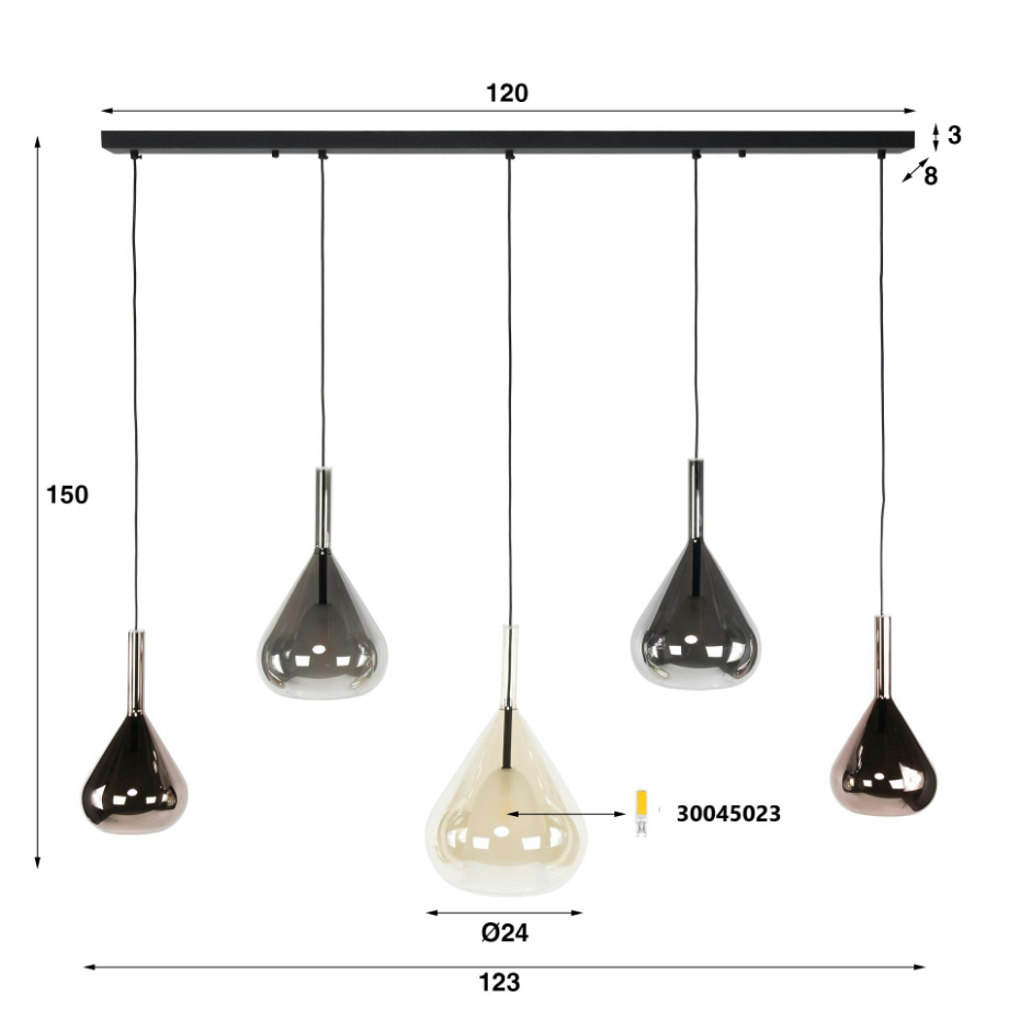 Suspension design verre 3 couleurs, 5 abat-jour goutte NIAGARA