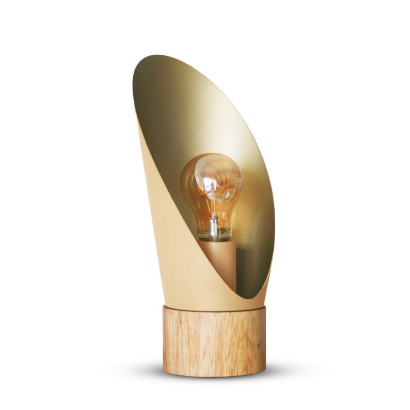 Lampe A Poser Spoon Xl Métal Rose Nude Socle En Bois