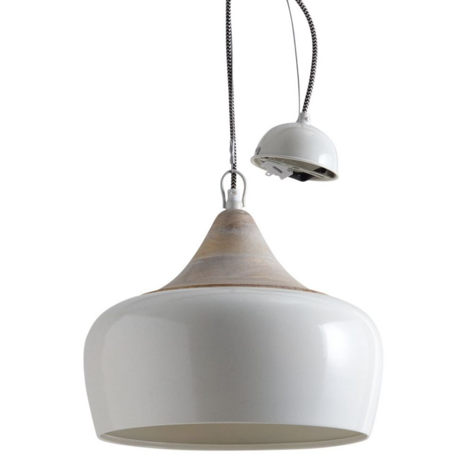 Lampe suspension en métal laqué et bois Ivoire