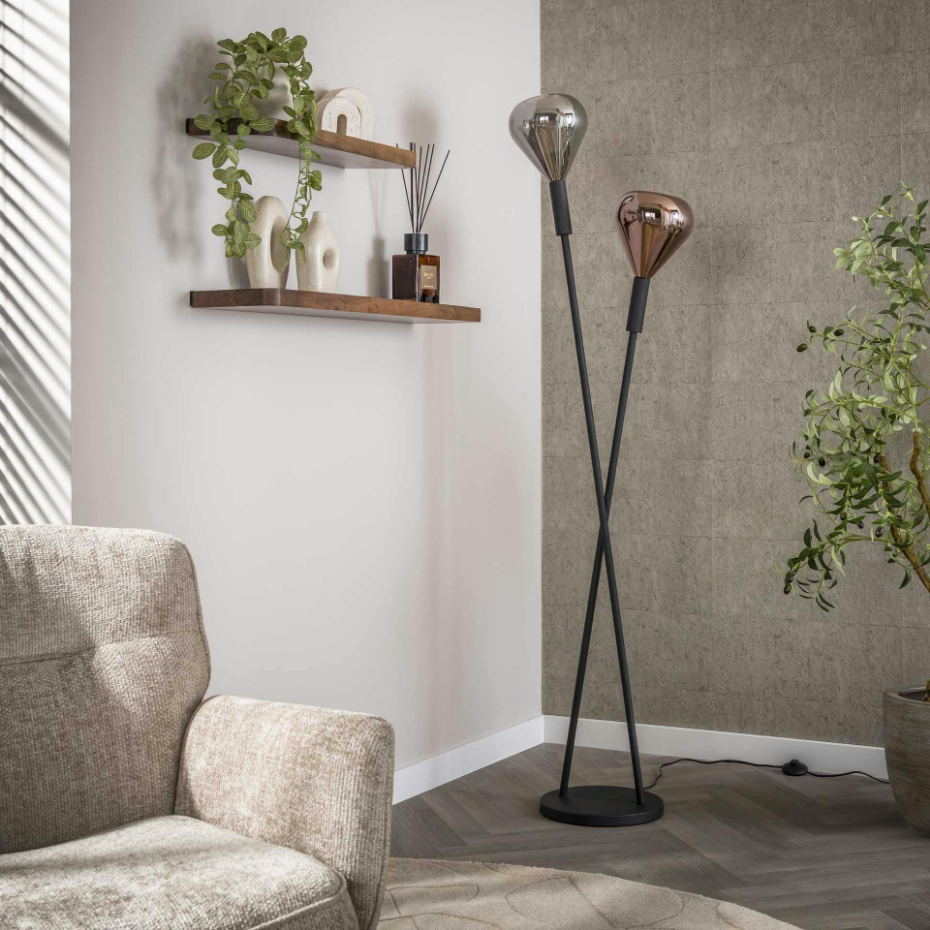 Lampadaire design tiges croisées, 2 abat-jour gouttes NIAGARA