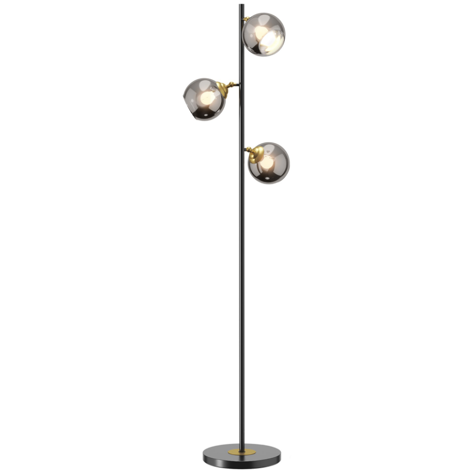 Lampadaire globe design néo-rétro 3 ampoules orientables H. 162 cm métal noir doré verre gris
