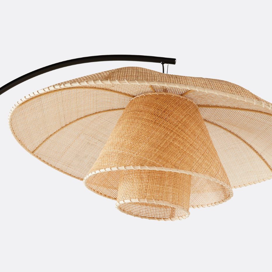 Lampadaire arc métal acier et rotin, Lola