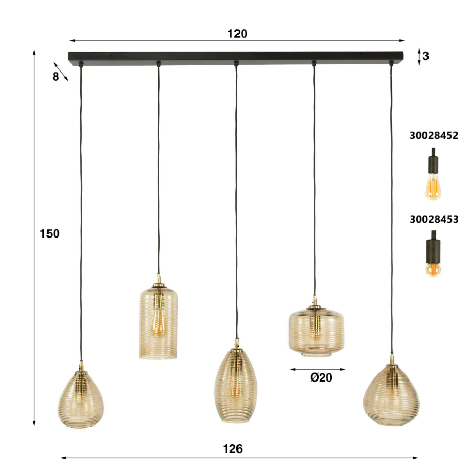 Suspension de table en verre brun 5 lampes striées NOVA