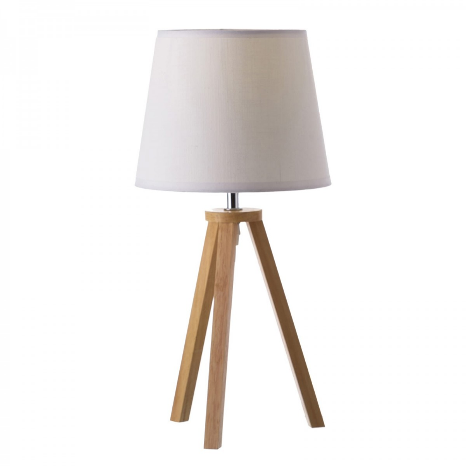 Lampe à Poser Trépied en Bois et Abat-jour Blanc