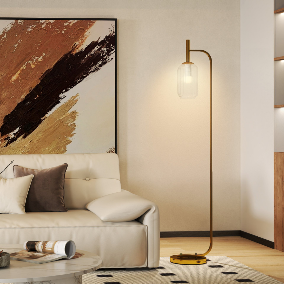 Lampadaire sur pied style rétro H.153 cm métal doré verre texturé