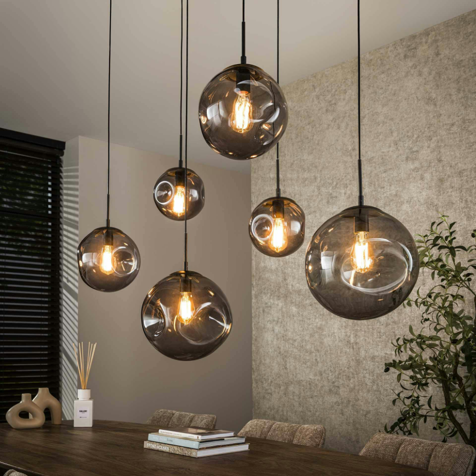 Suspension en verre fumé – 6 globes déformés NIAGARA