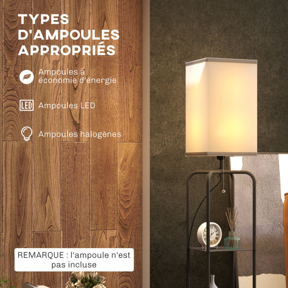 Lampadaire étagères 3 niveaux - interrupteur à tirette - noir blanc