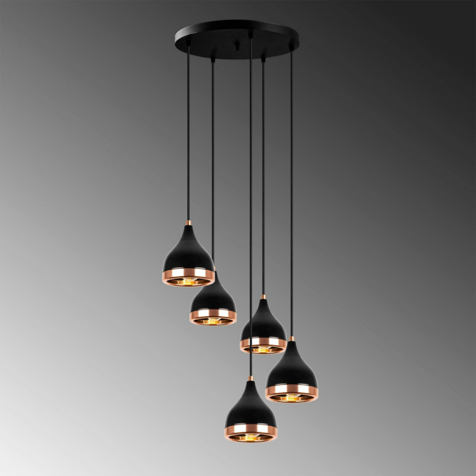 Suspension grappe moderne noire & cuivre, 5 abat-jour SILE