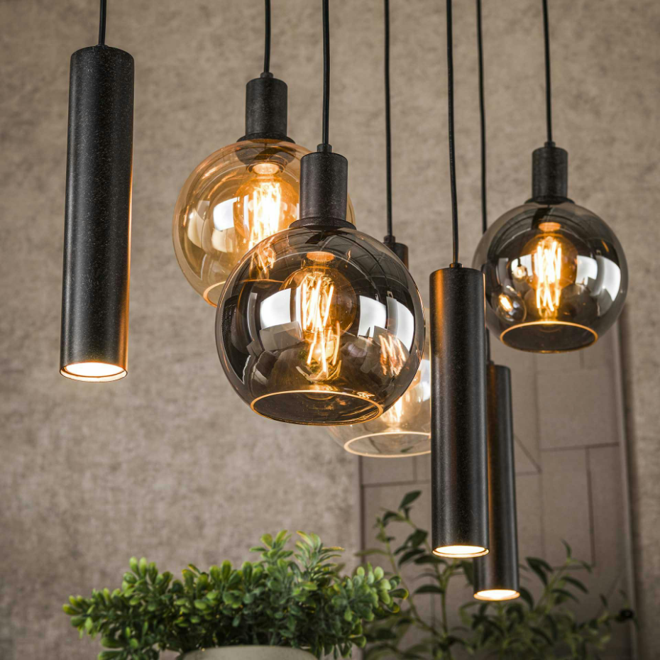 Suspension cuisine vintage - 4 globes verre, 3 cylindres NOVA