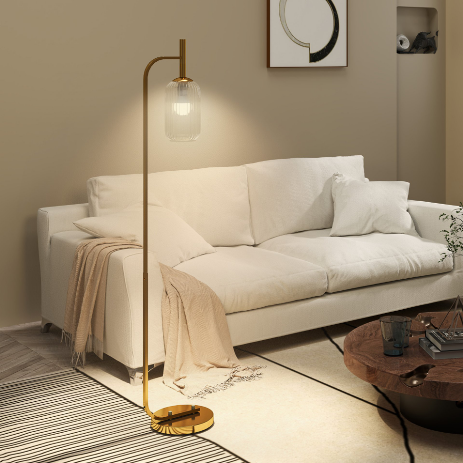 Lampadaire sur pied style rétro H.153 cm métal doré verre texturé