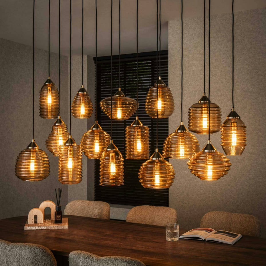 Suspension en verre strié 15 lampes ambrées NOVA