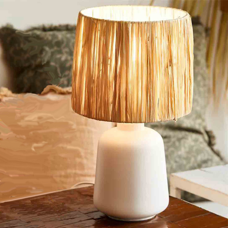 Lampe De Chevet Paros Raphia Et Céramique Blanche