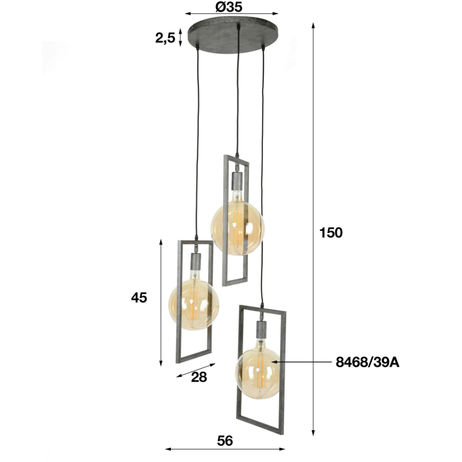 Suspension industrielle graphique 3 lampes cadre métal TRIBECA