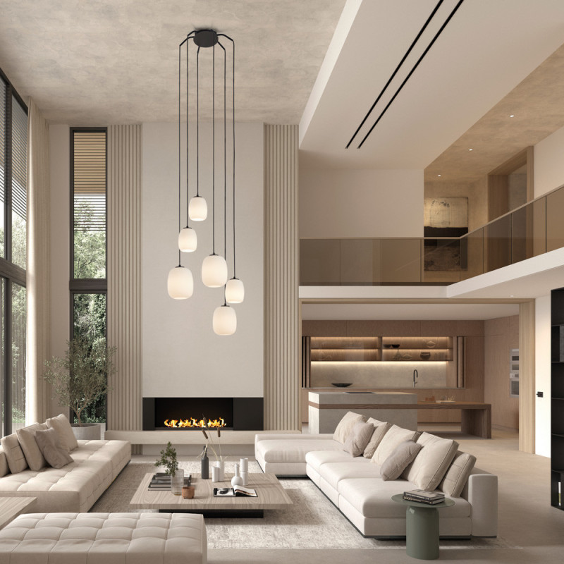 Grande suspension 6 lampes verre opale Jap