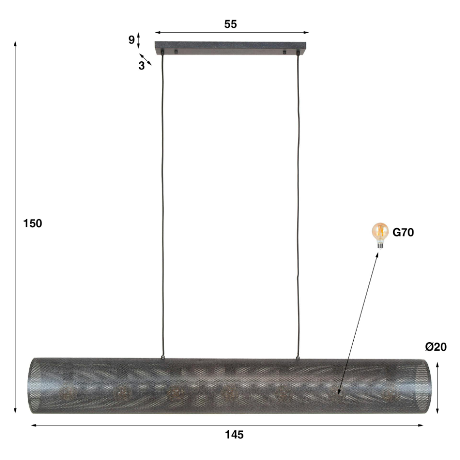 Suspension tube en métal noir perforé 7 lampes RALF