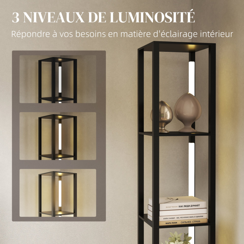 Lampadaire étagères LED 4 niveaux luminosité réglable MDF noir
