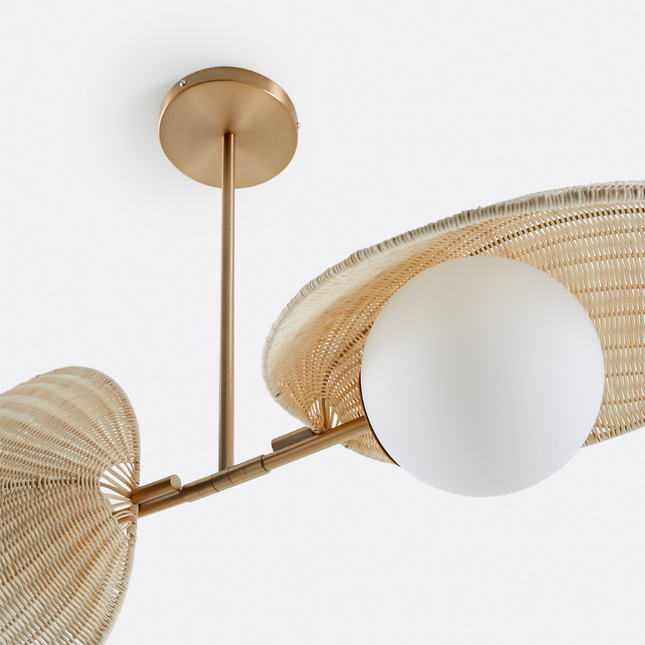 Suspension double opaline, rotin et laiton, Javana
