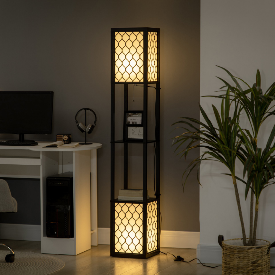 Lampadaire 2 étagères MDF abat-jour tissu motif nid d'abeille