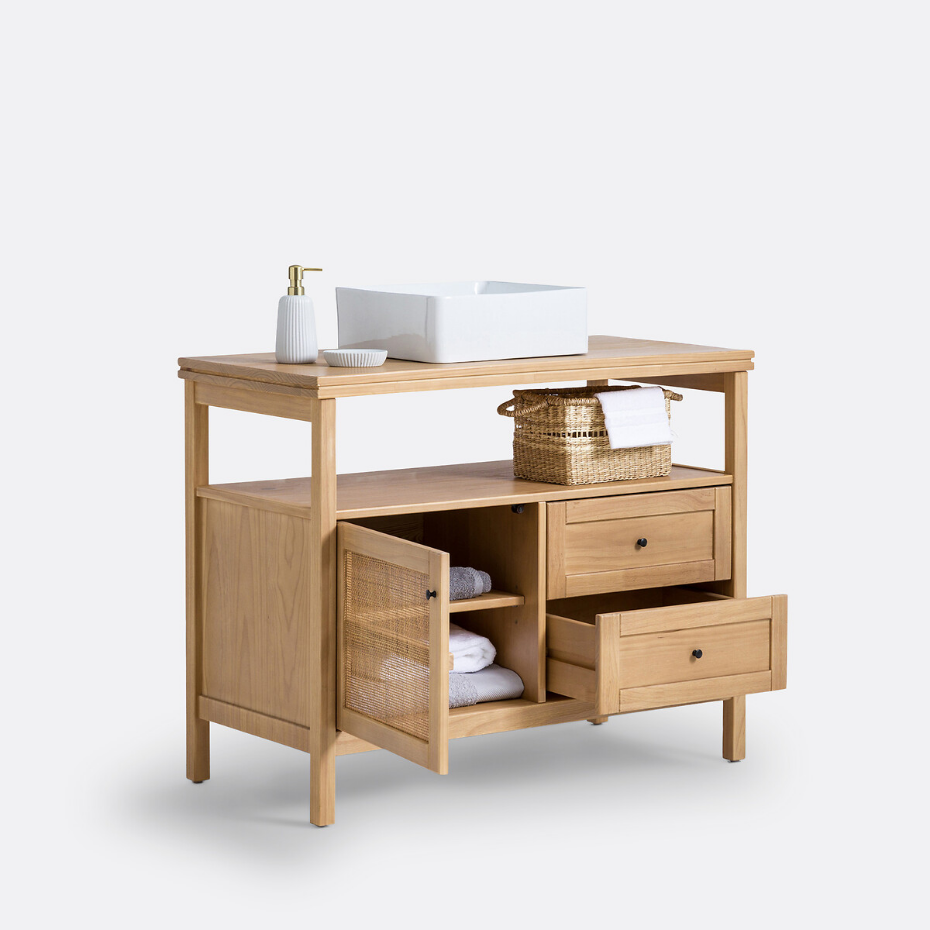 Meuble sous vasque pin et cannage L100 cm, Gabin