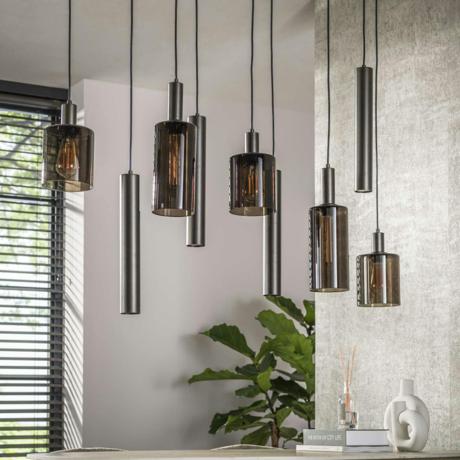 Suspension îlot cuisine verre brun et métal 9 lampes NOVA