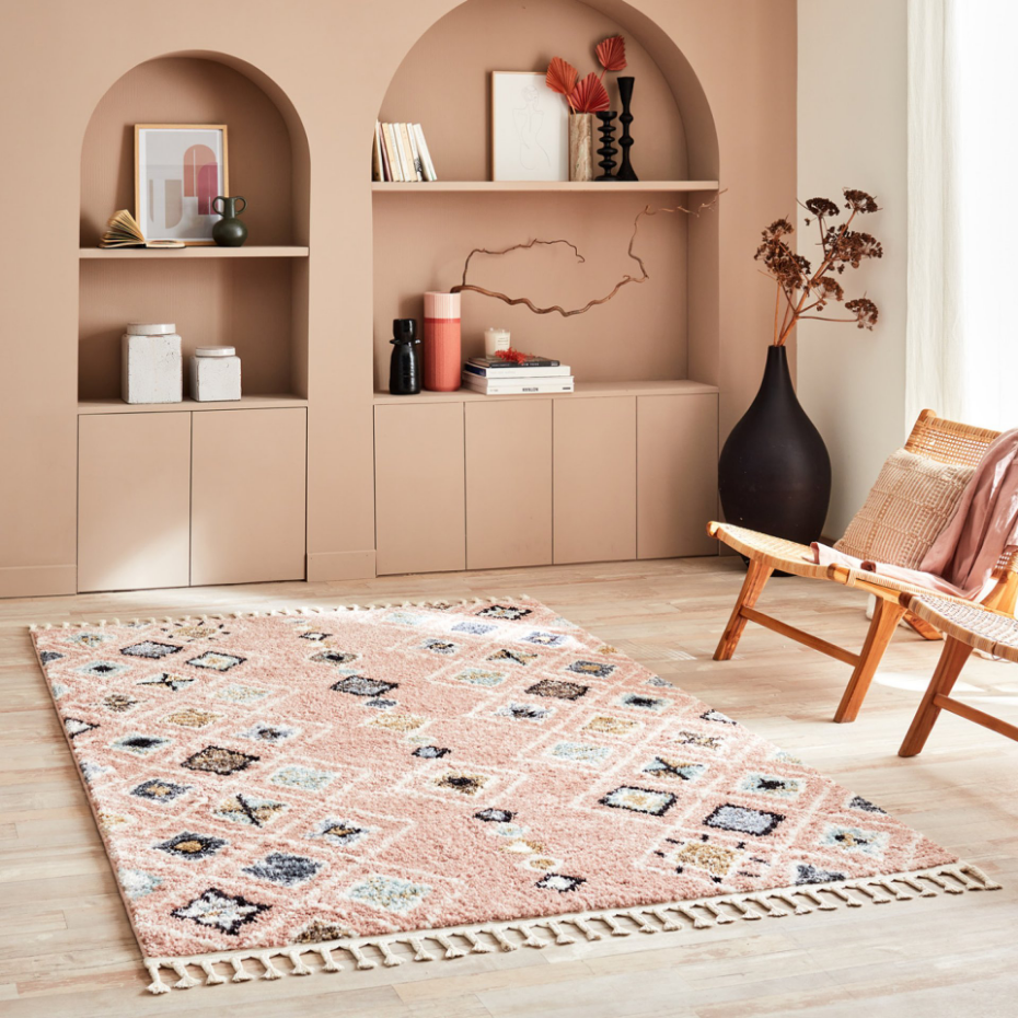 Tapis de salon symétrique imitation laine à franges DELYA