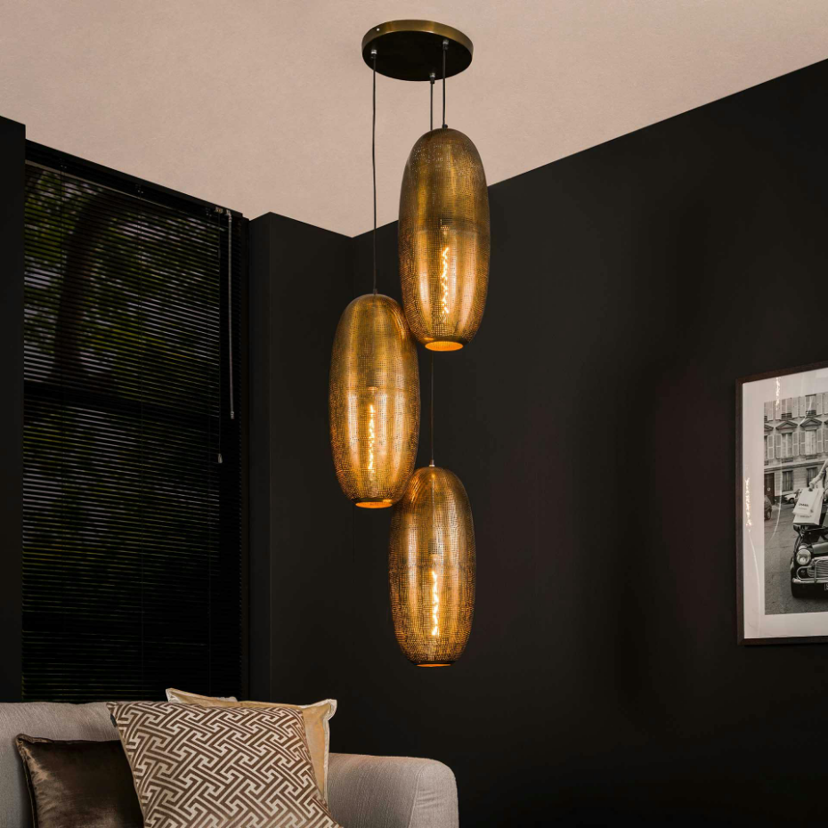 Suspension vintage 3 lampes cuivrées forme ellipse RALF