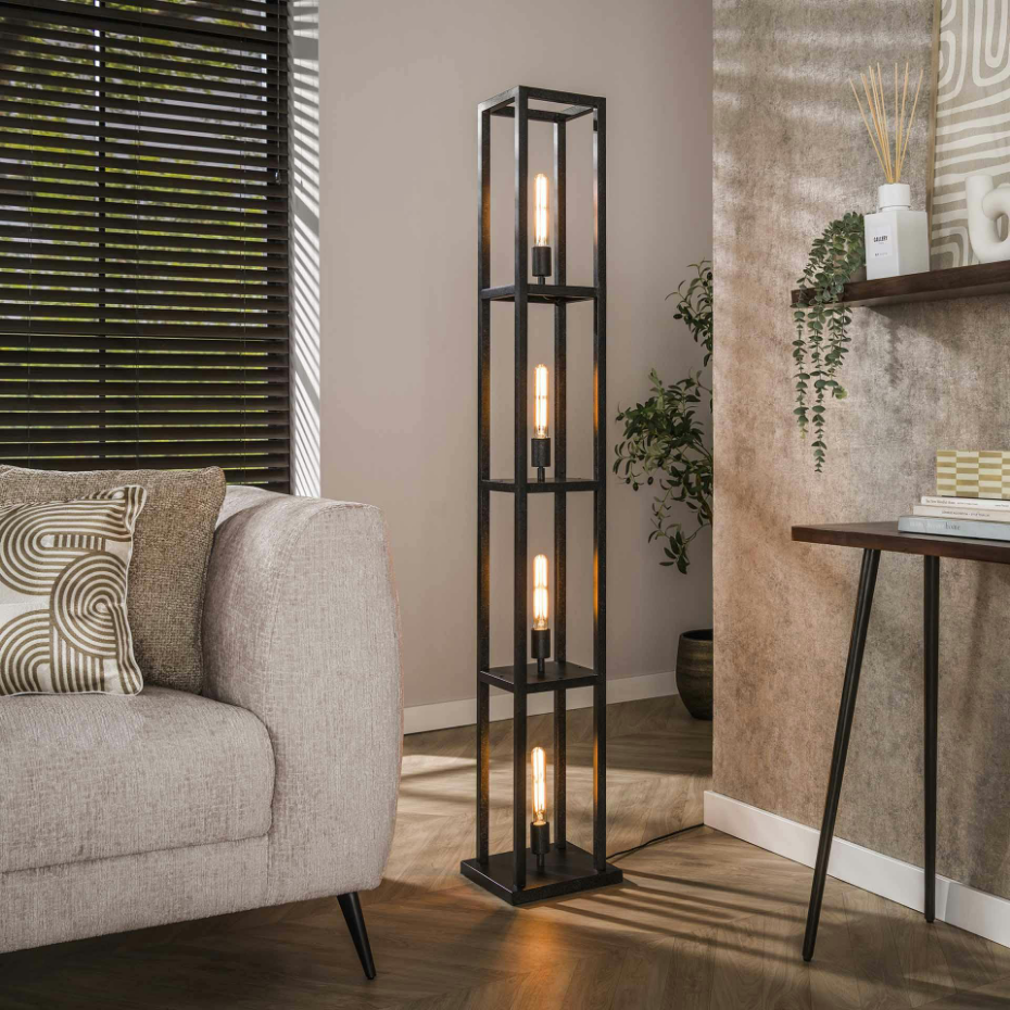 Lampadaire tour noire style moderne, 4 ampoules TRIBECA
